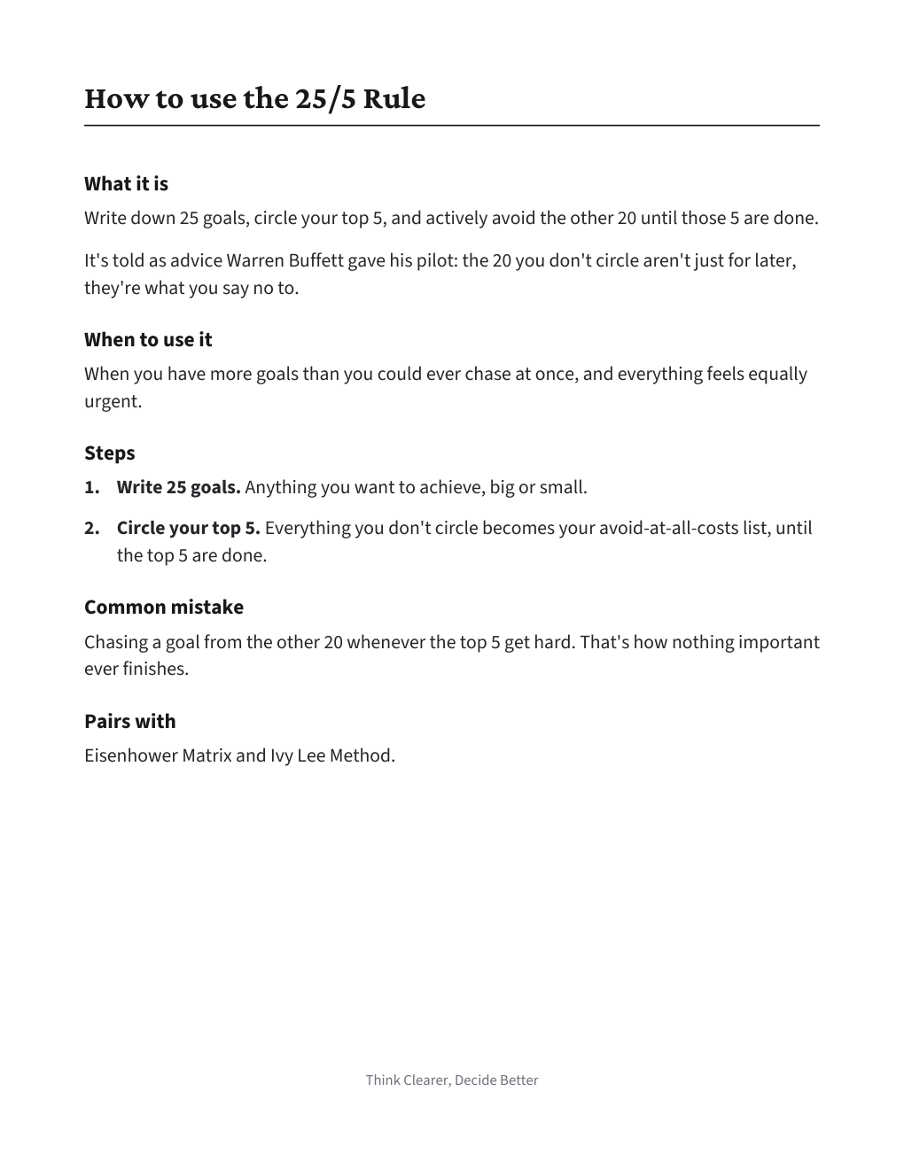 25/5 Goal Focus Sheet, how to use it