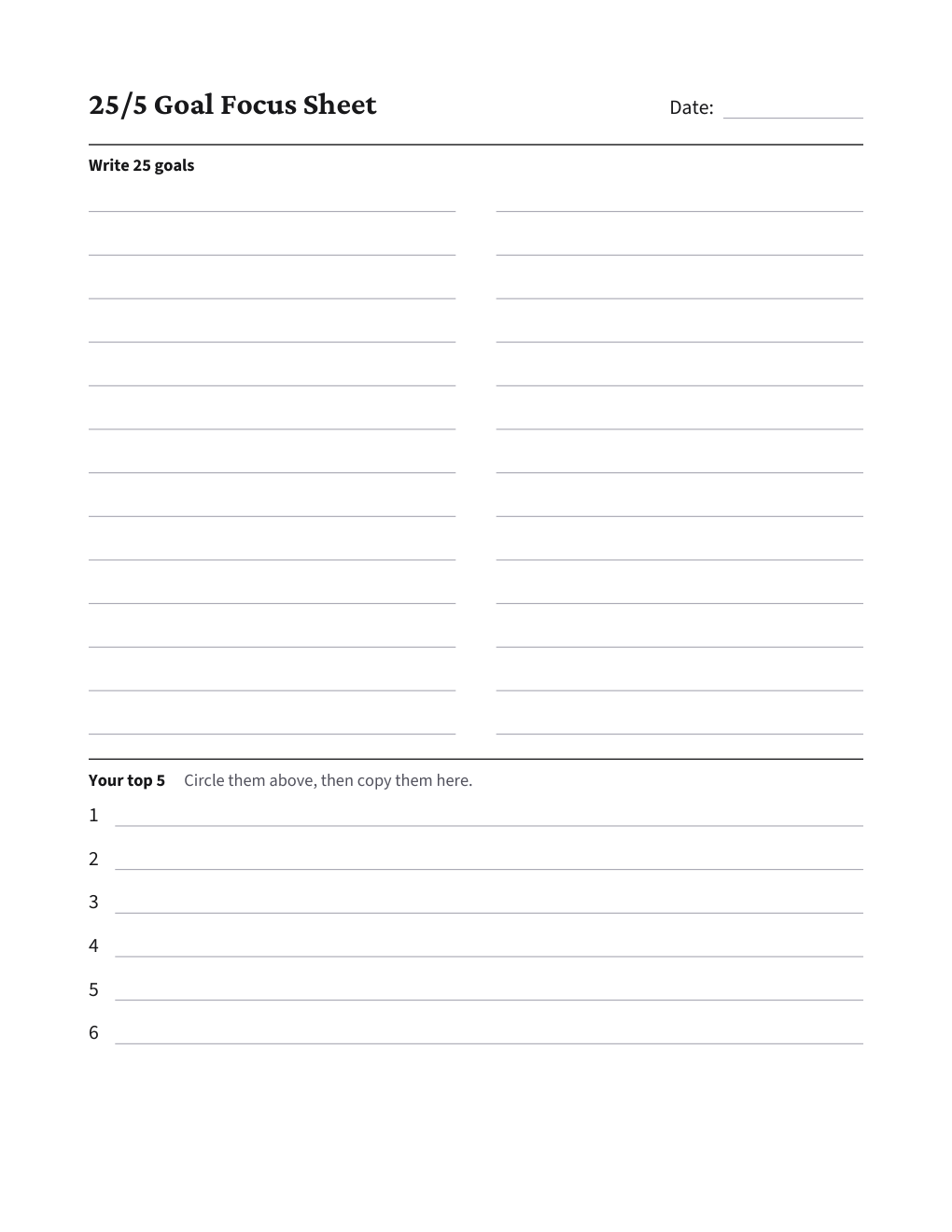 25/5 Goal Focus Sheet, the worksheet