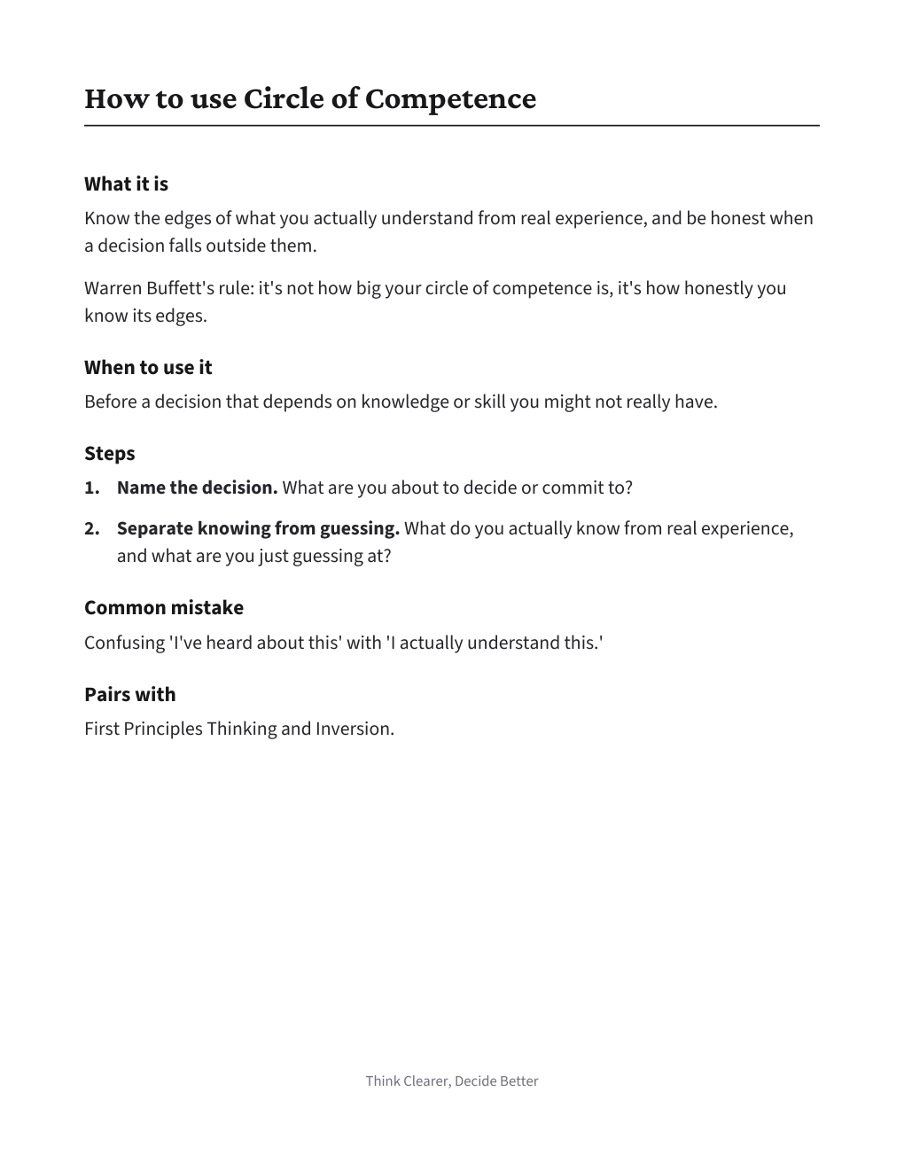 Circle of Competence Decision Check, how to use it