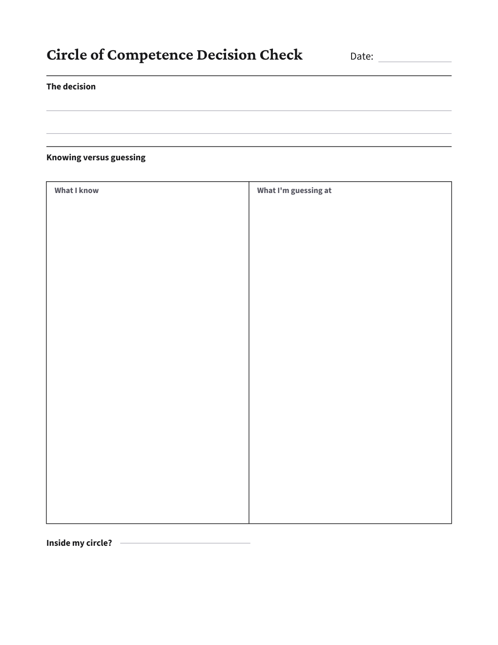 Circle of Competence Decision Check, the worksheet