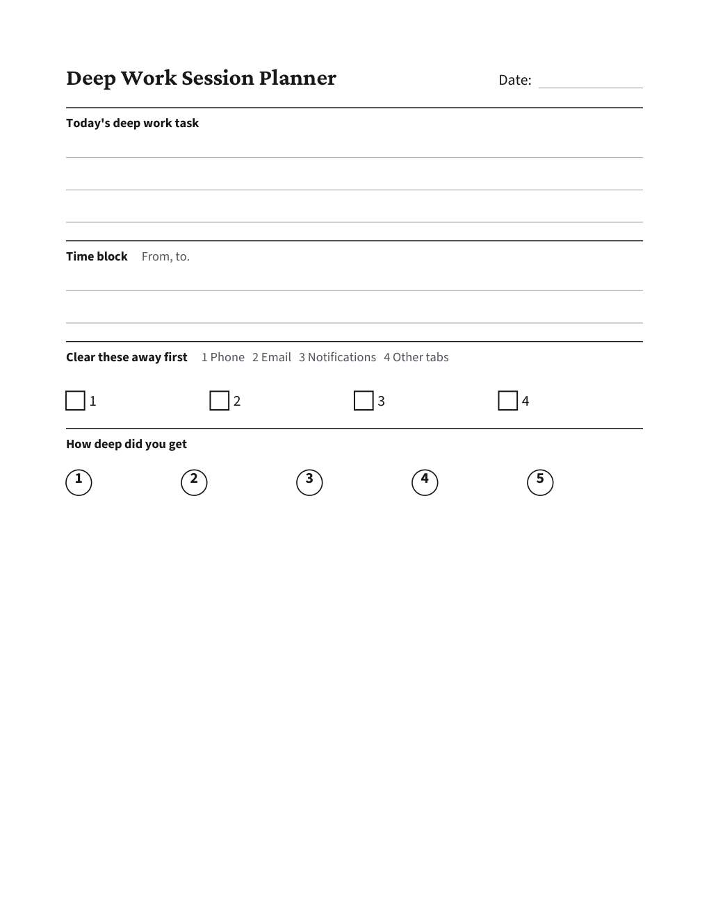 Deep Work Session Planner, the worksheet