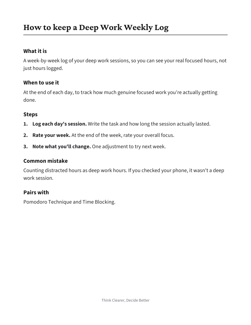 Deep Work Weekly Log, how to use it