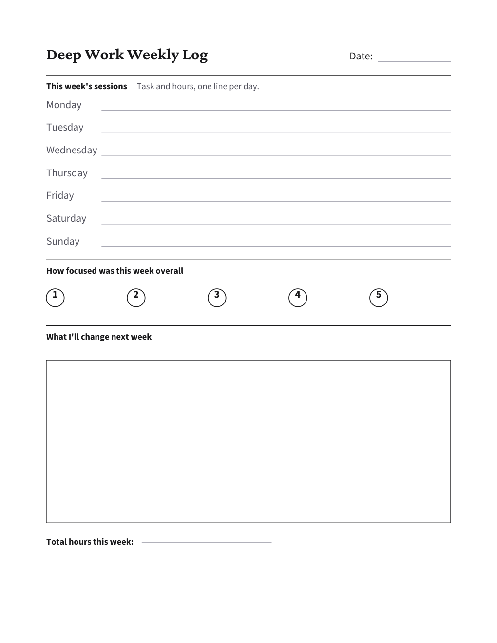 Deep Work Weekly Log, the worksheet