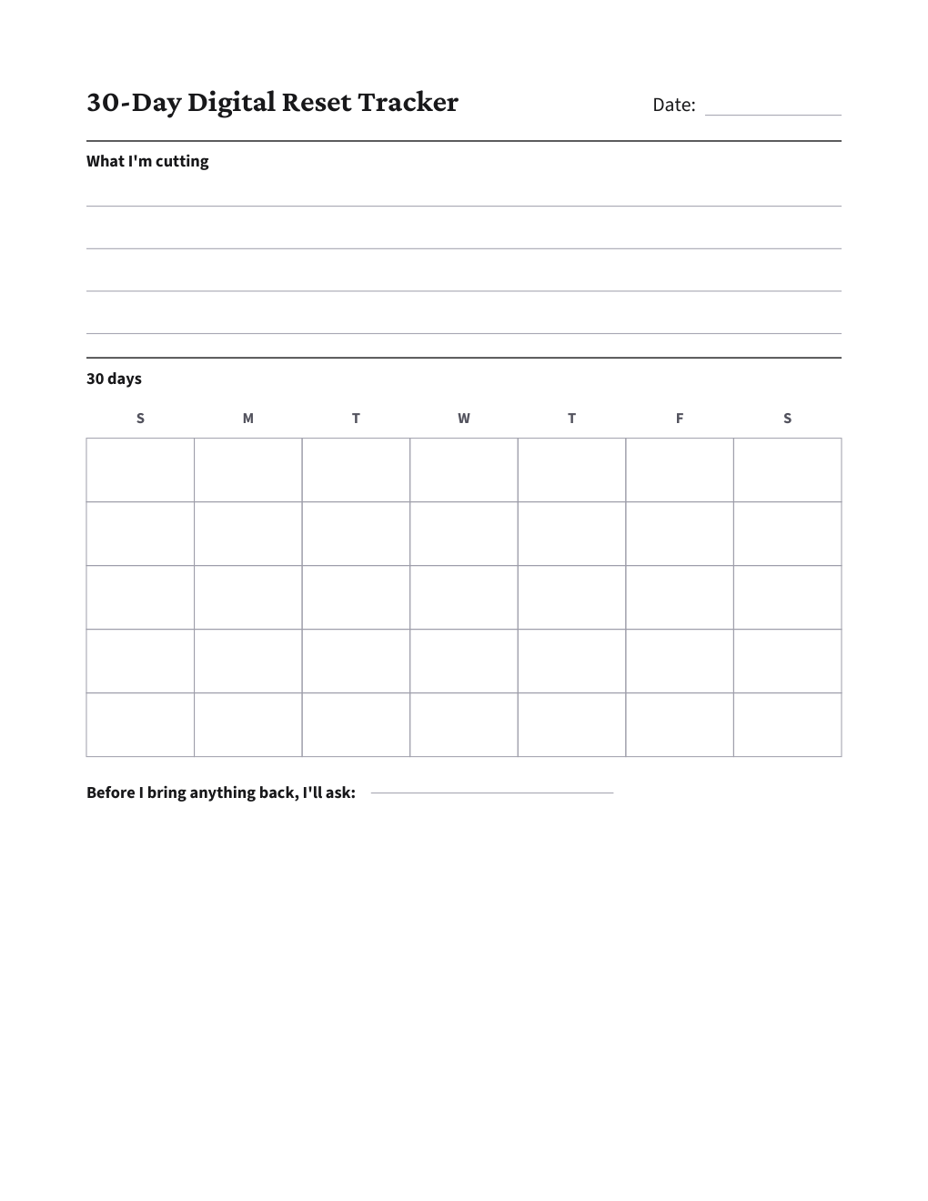 30-Day Digital Reset Tracker, the worksheet