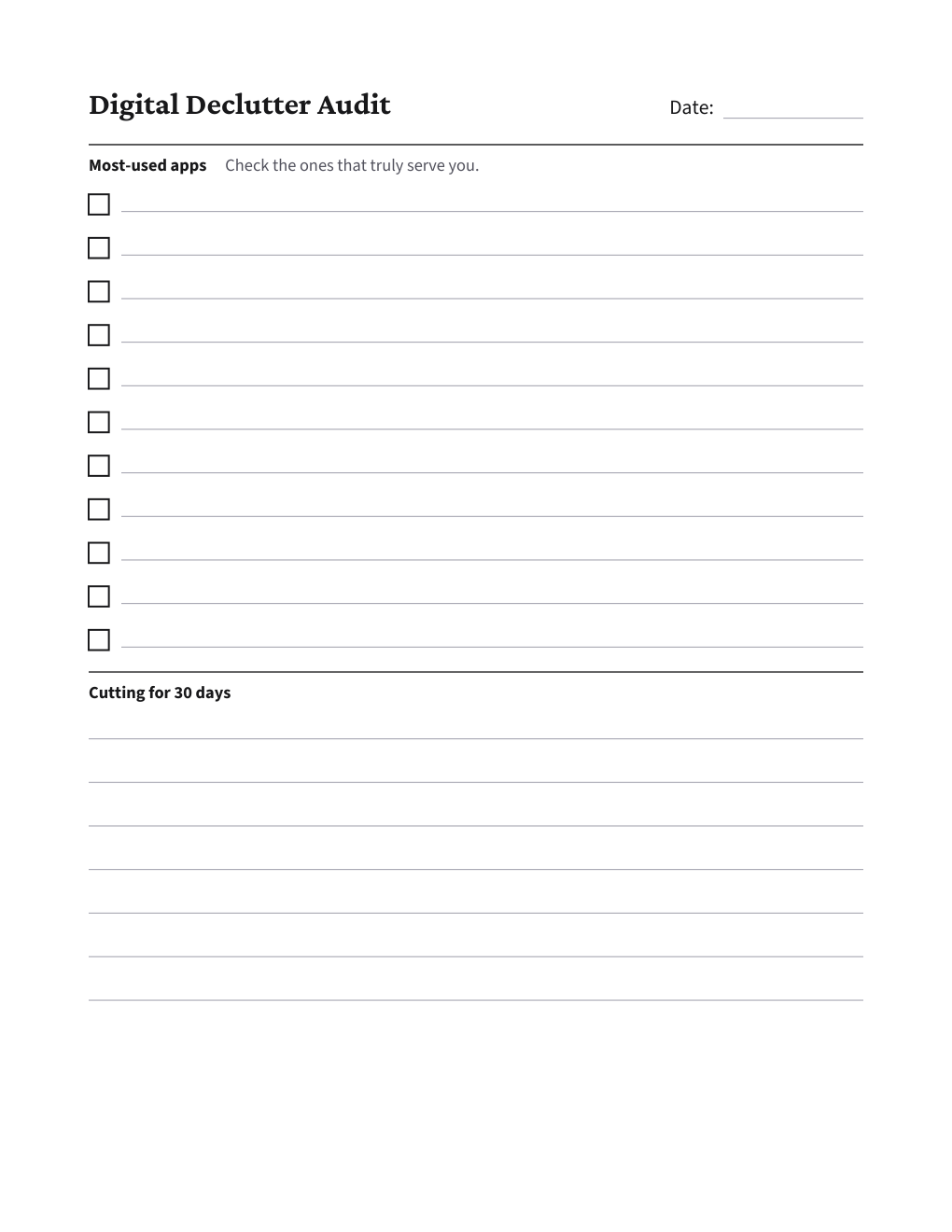 Digital Declutter Audit, the worksheet