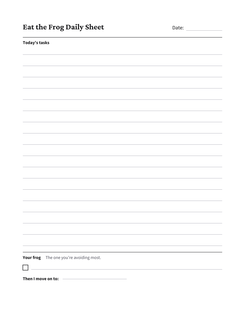 Eat the Frog Daily Sheet, the worksheet