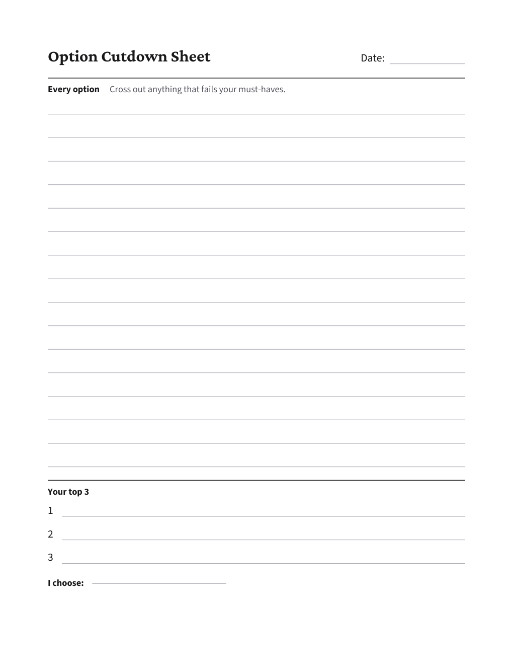 Option Cutdown Sheet, the worksheet