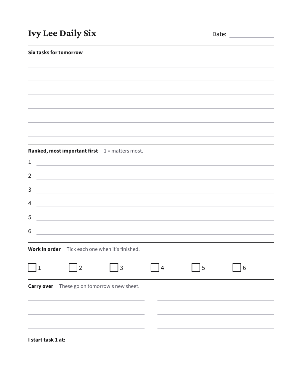 Ivy Lee Daily Six, the worksheet