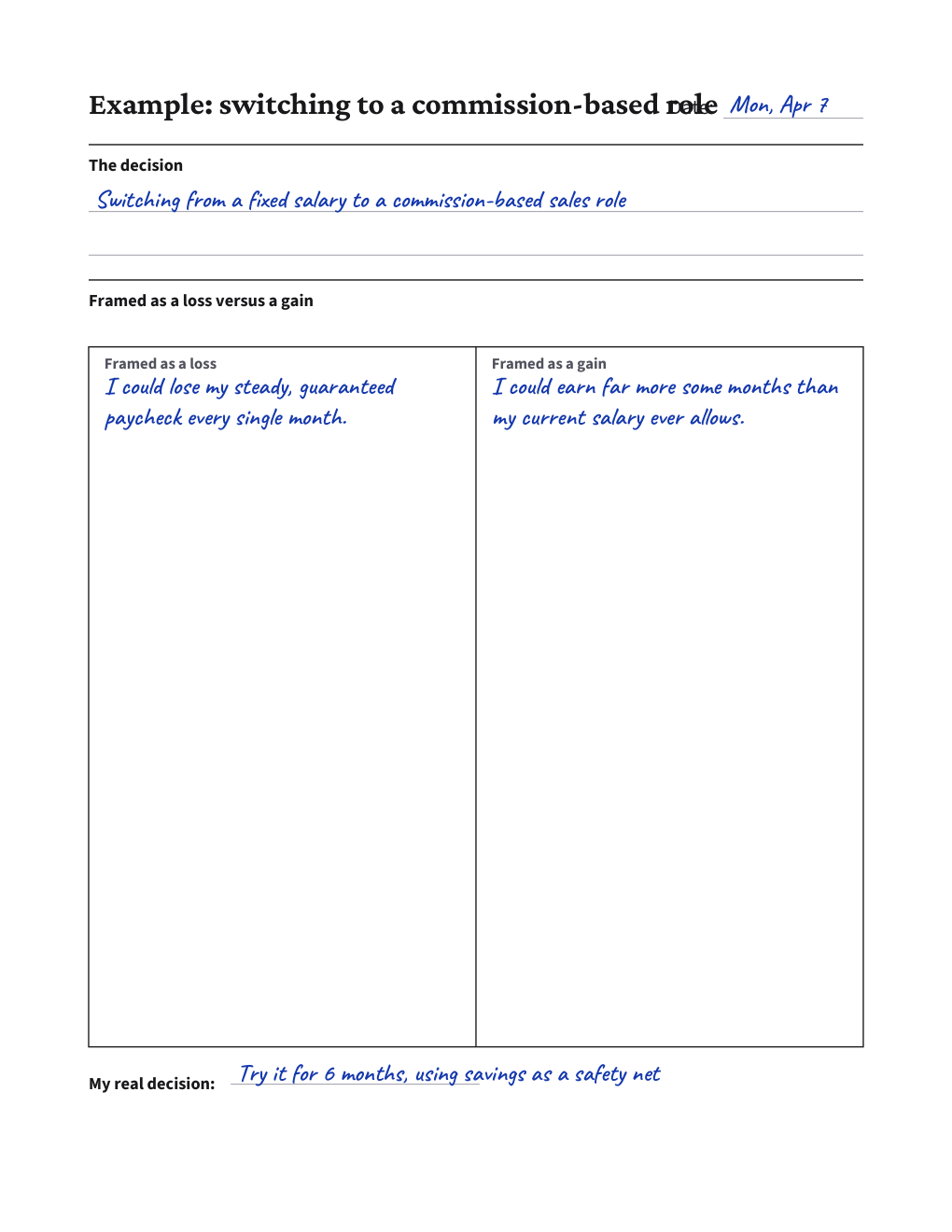 Gain vs Loss Reframe Sheet