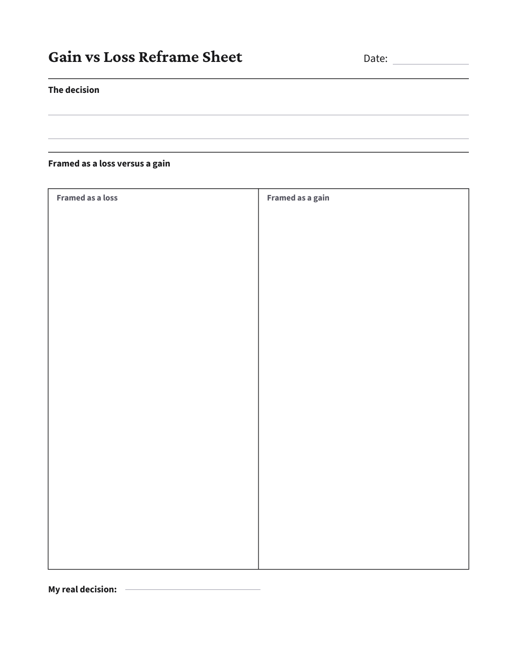 Gain vs Loss Reframe Sheet, the worksheet