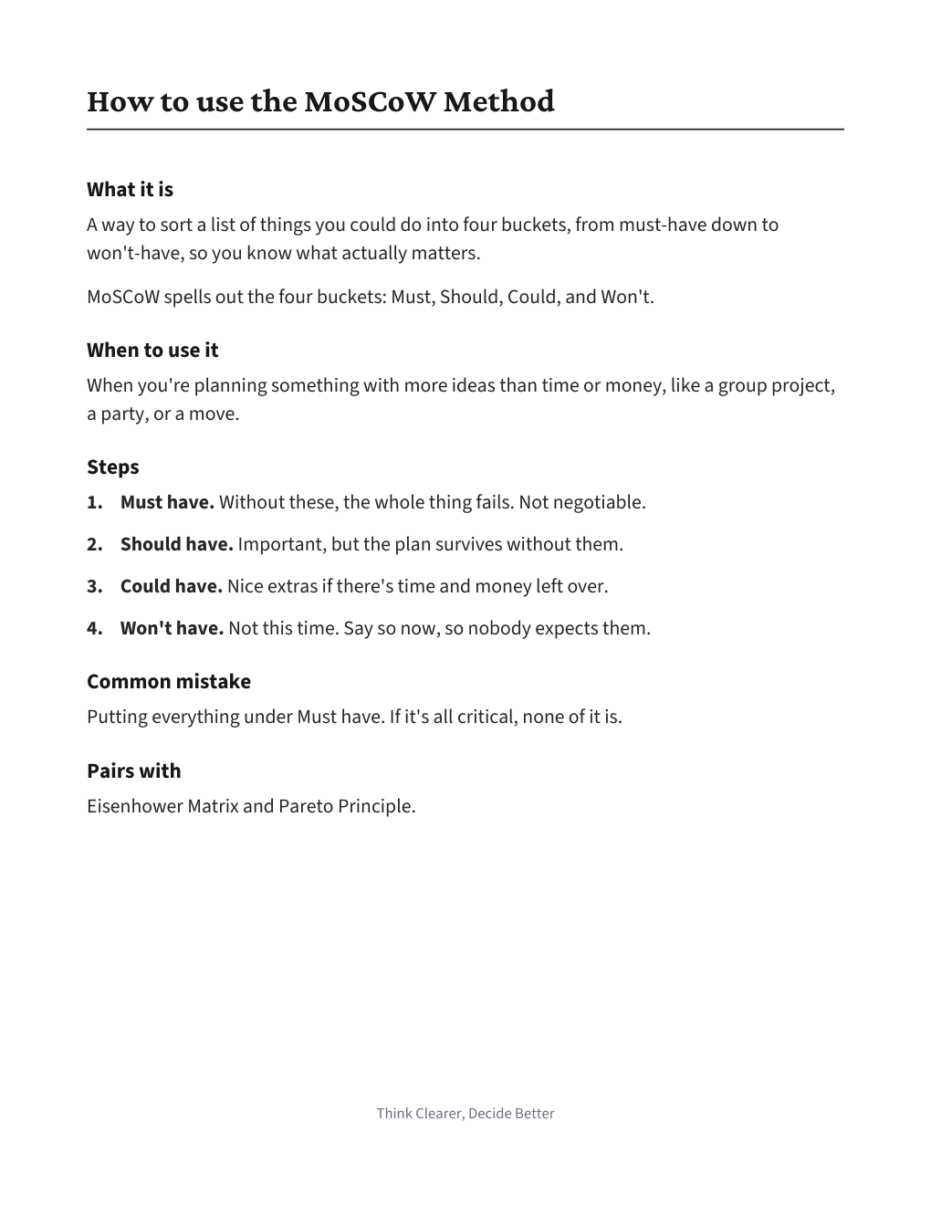 MoSCoW Sorting Sheet, how to use it