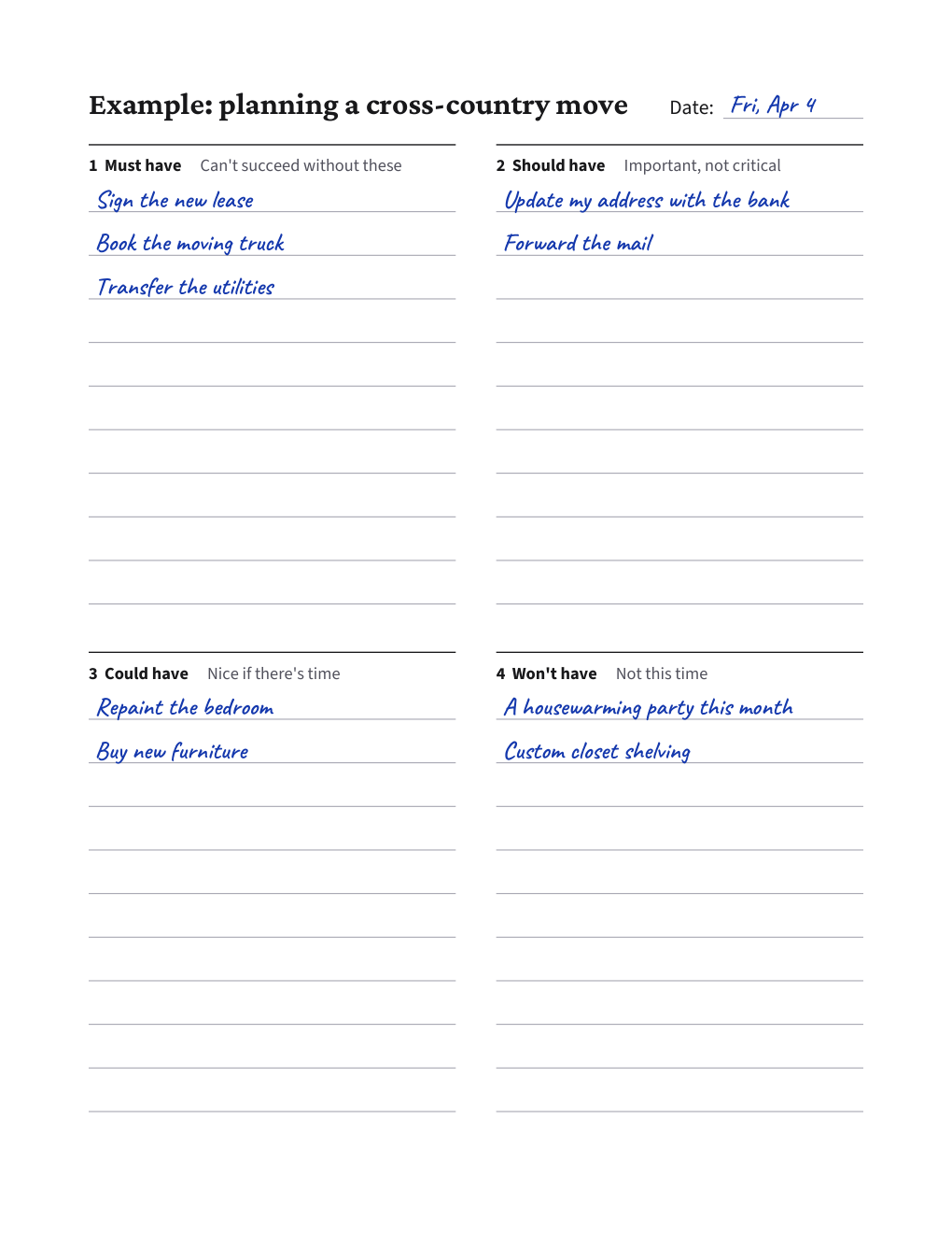 MoSCoW Sorting Sheet