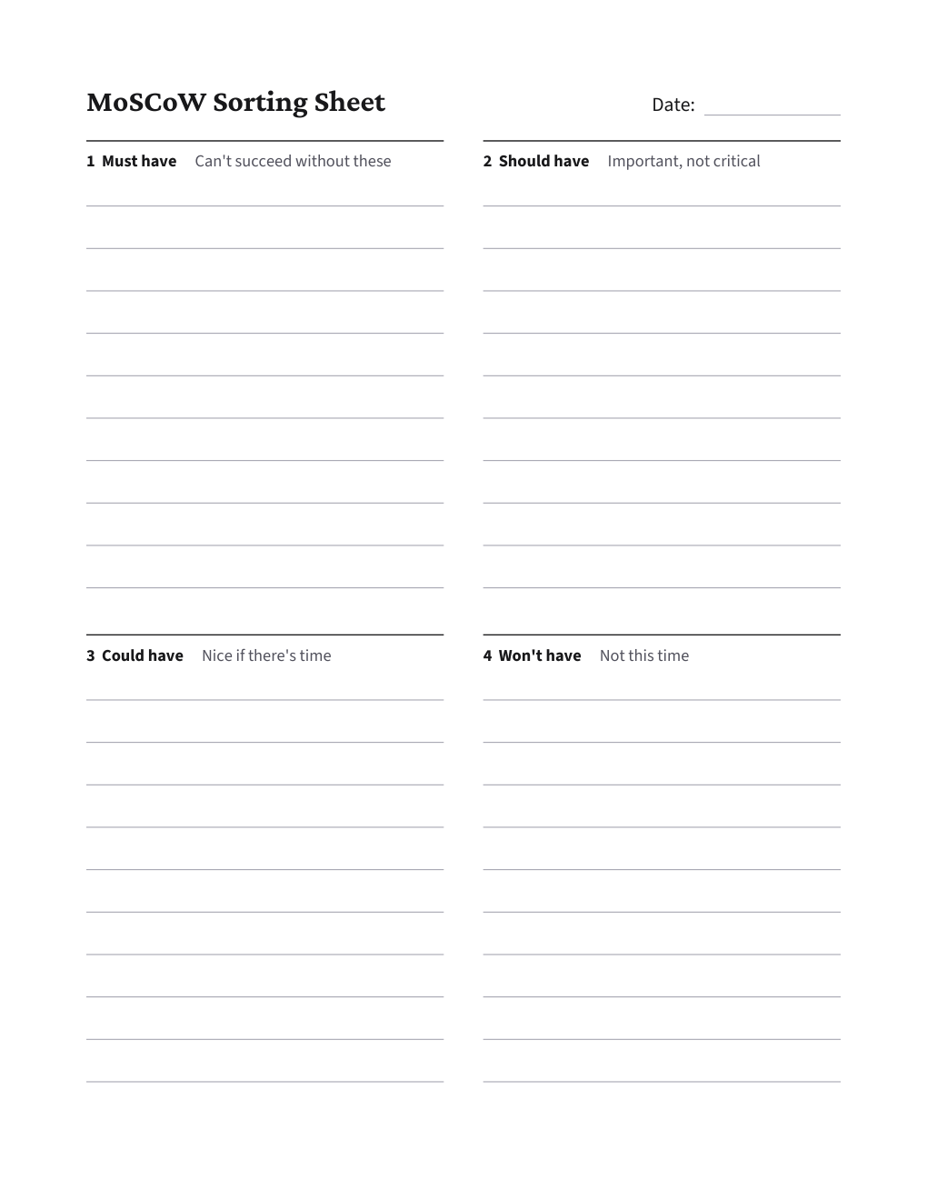 MoSCoW Sorting Sheet, the worksheet