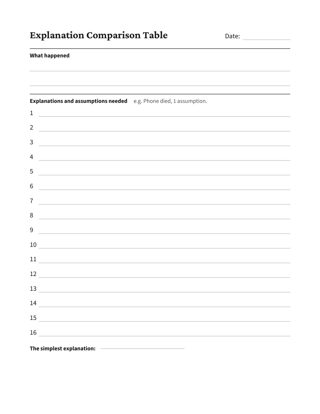 Explanation Comparison Table, the worksheet