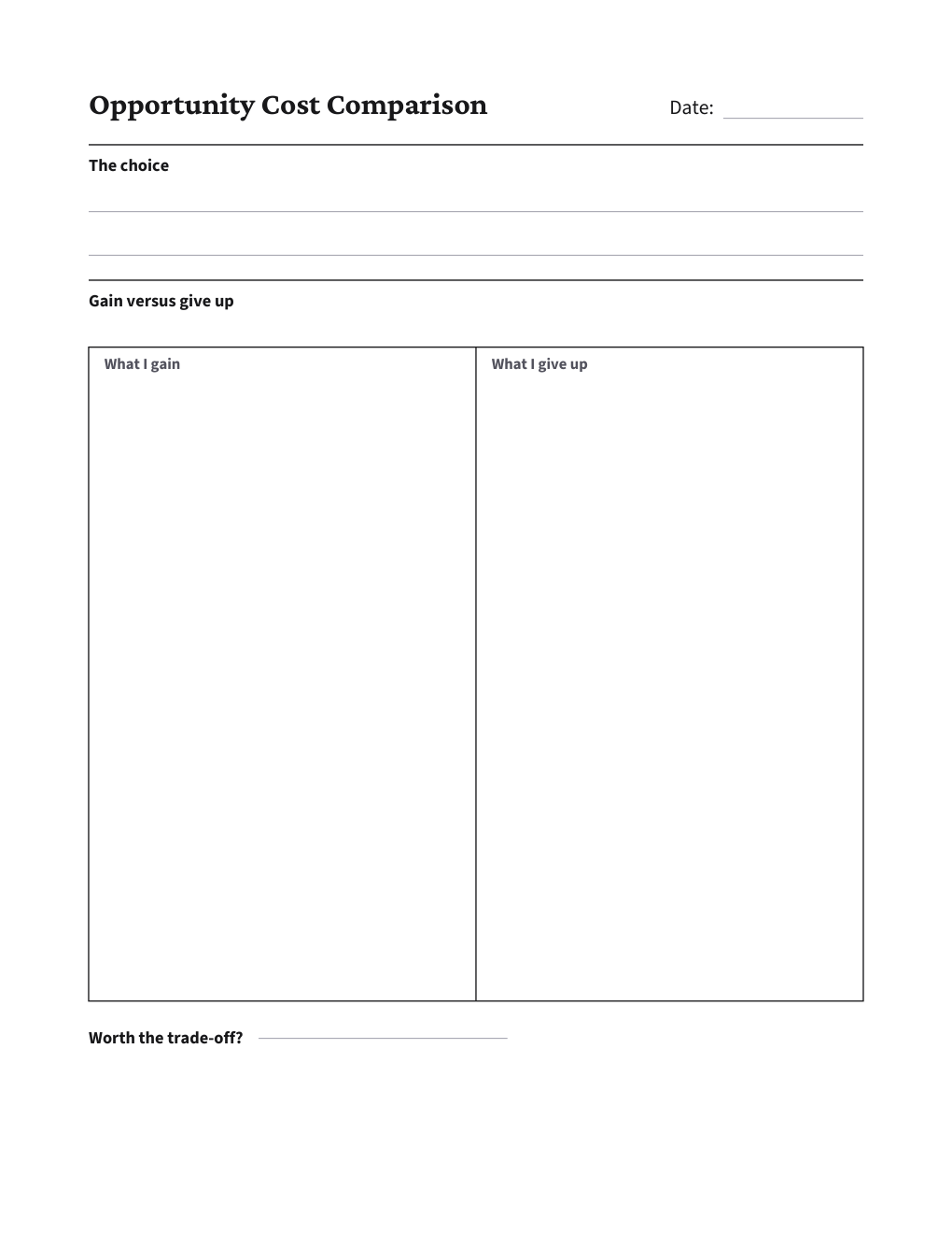 Opportunity Cost Comparison, the worksheet