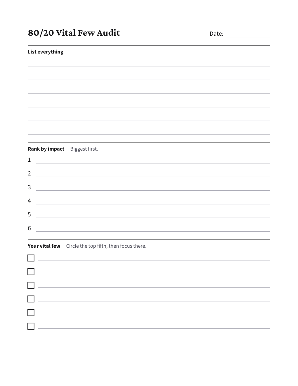 80/20 Vital Few Audit, the worksheet