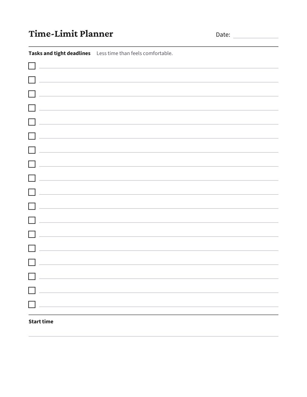 Time-Limit Planner, the worksheet