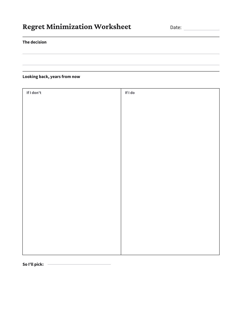 Regret Minimization Worksheet, the worksheet