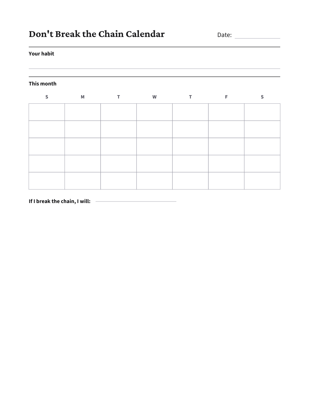 Don't Break the Chain Calendar, the worksheet