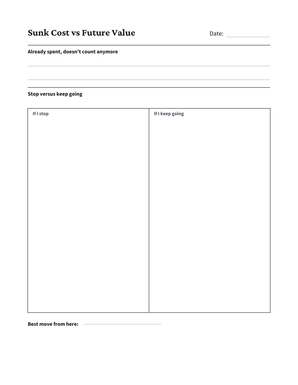 Sunk Cost vs Future Value, the worksheet