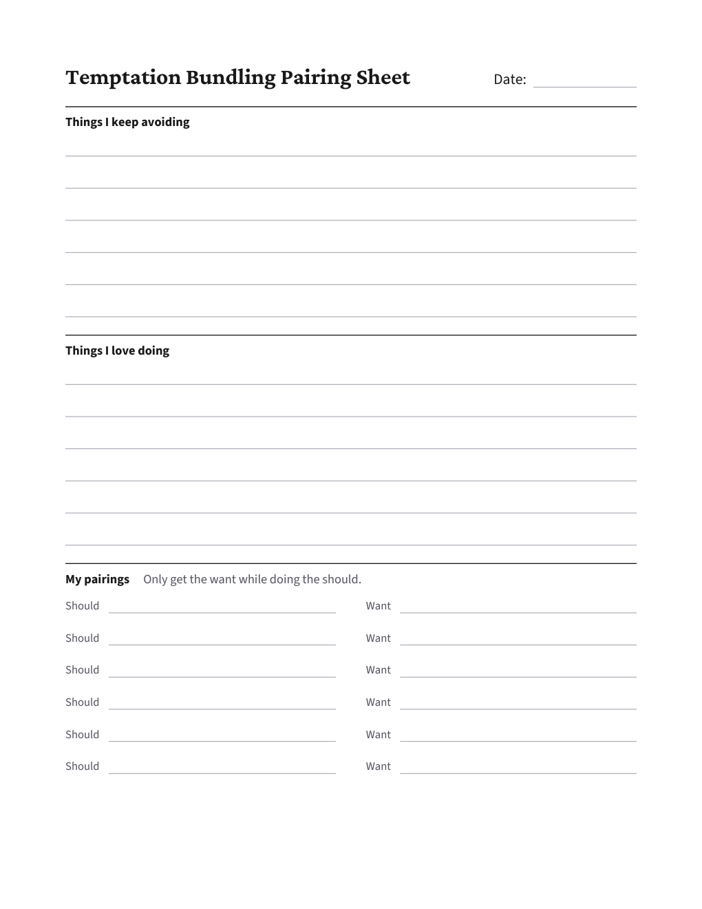 Temptation Bundling Pairing Sheet, the worksheet