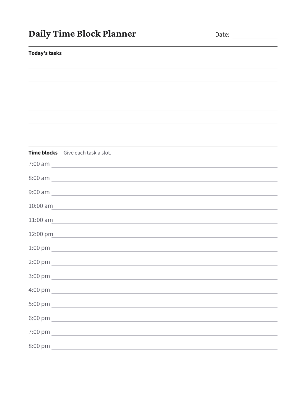 Daily Time Block Planner, the worksheet
