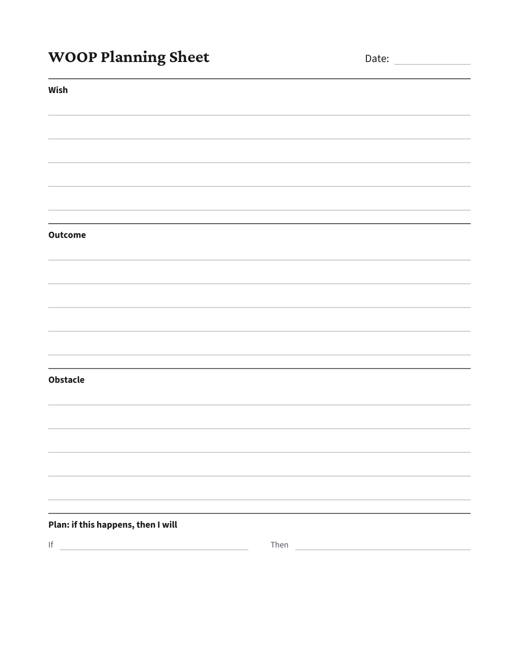 WOOP Planning Sheet, the worksheet